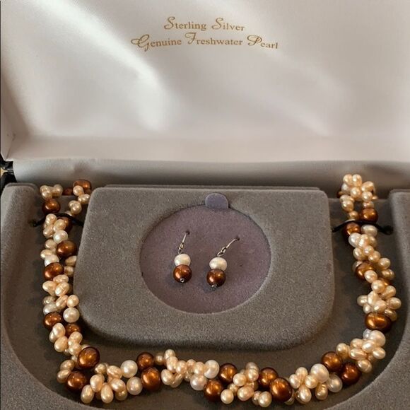 Fresh water pearl set sterling silver copper cream and tan colors excellent - Picture 1 of 10